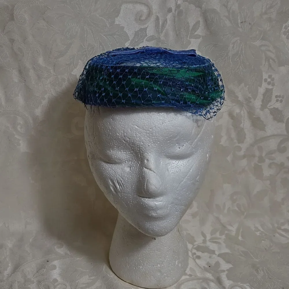 Vintage Blue and Green Feathered Netted Women's Hat with Bow